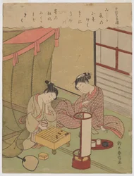 Oiran e jovem a jogar shogi numa noite de verão em Yoshiwara