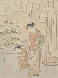Poema de Fujiwara no Motozane ca. 860 da Série Trinta e Seis Poetas, ca. 1768., c. 1768.