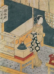Empregado que faz o chá (impressão do woodblock da cor)