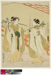 Donami do santuário Onami e Ohatsu dançando no santuário de Yushima Tenjin, c.1769