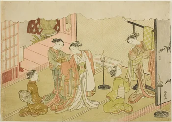 A noiva trocando de roupa (Iro-naoshi), a quinta folha da série "Casamento em estampas de brocado, a carruagem da mulher virtuosa (Konrei nishiki misao-guruma)"