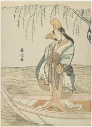 Mulher em um barco de asazuma com o disfarce de shirabyo_shi, c. 1767
