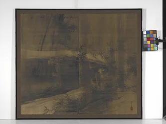 Tanuki sob uma ponte (tinta sobre seda com um pouco de laranja, ouro, e prata)