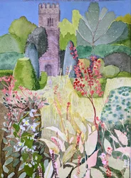 Torre medieval num jardim, Dartington, 2022 (aguarela sobre papel)