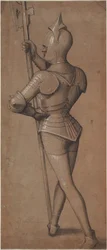 Cavaleiro de armadura, segurando uma alabarda