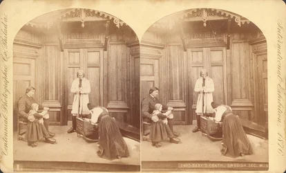 Morte de Babys, seção sueca, do título da exposição: Cenas na vida doméstica dos suecos, exposição na, edifício principal da exposição, construção, 1876 (impressão estereoscópica)