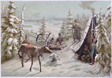Norte da Suécia: migração outonal na Lapônia em torno de Lulea, final do século XIX (lito colorido)