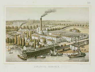 Fábrica têxtil, Carlsviks, Estocolmo, Suécia, c.1840 (cor litho)