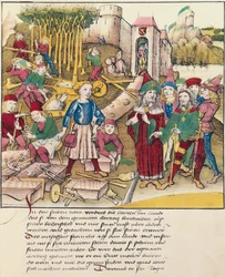 Fundação da cidade de Berna em 1191 miniatura de Spiezer Bilderchronik, Suíça