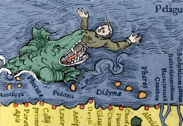 Monstro marinho comendo um humano, ilustração de 