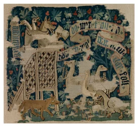 Almofada de tapeçaria representando a Raposa, possivelmente o Lobo, a pregar aos gansos, de Basileia