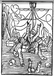 A Lenda de São Brendan (Brandan), Heros e Santo Irlandês do século VI Navios estão a afundar no Mar de Cleves. Gravação de "Die Wunderbare Meerfahrt des Hl. Brandan". Bale
