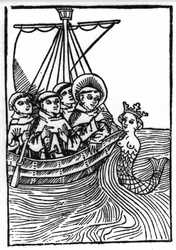 A lenda de Saint Brendan (Brandan), heróis e santo irlandês do século VI. O encontro de Saint Brendan com o Sirene. Gravação de "Die Wunderbare Meerfahrt des Hl. Brandan". Bale