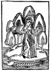 A lenda de Saint Brendan (Brandan), heróis e santo irlandês do século VI. O santo está sobre uma floresta no dorso de um peixe. Gravação de "Die Wunderbare Meerfahrt des Hl. Brandan". Bale