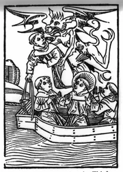 A lenda de São Brendan (Brandan), heróis e santo irlandês do século VI O diabo leva o monge ladrão. Gravação de "Die Wunderbare Meerfahrt des Hl. Brandan". Bale