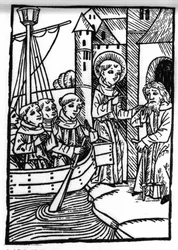 A lenda de Saint Brendan (Brandan), heróis e santo irlandês do século VI. O santo conhece o antigo Haylbray e compreende que ele voltou para a Escócia. Gravação de "Die Wunderbare Meerfahrt des Hl. Brandan." Bale