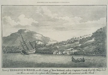 O Capitão Cook, tendo naufragado na sua viagem à volta do mundo, reparou o Endeavour num porto de uma das Ilhas Hope, c.1786 (gravura)