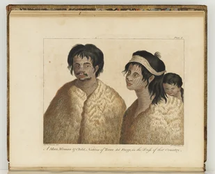 Nativos da Terra del Fuego, ilustração do "Diário de uma viagem aos Mares do Sul: no navio de Sua Majestade, o Endeavour".