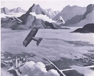 Escoteiros britânicos deixando seu aeródromo em patrulha sobre Asiago Plateau, na Itália, da British Adventure, publicado por Collins, 1947