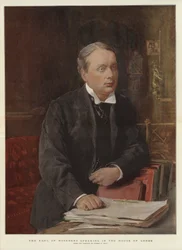 O Conde de Rosebery falando na Casa dos Lordes (cor litho)