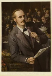 O Meritíssimo Arthur James Balfour, Deputado, dirigindo-se à Câmara dos Comuns (cor litho)