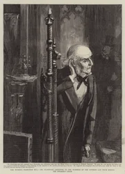 A Lei da Franquia Feminina, Sr. Gladstone ouvindo os Números da Lista da Divisão por trás da Cadeira do Orador (gravura)