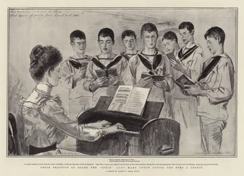 Coro pratica a bordo do Ofir, Lady Mary Lygon dando aos meninos uma lição