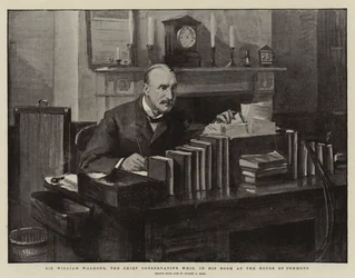 Sir William Walrond, o chefe dos chicotes conservadores, em sua sala na Câmara dos Comuns