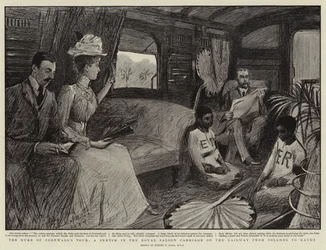 A turnê do Duque de Cornwall, um esboço na carruagem do Royal Saloon na ferrovia de Colombo para Kandy