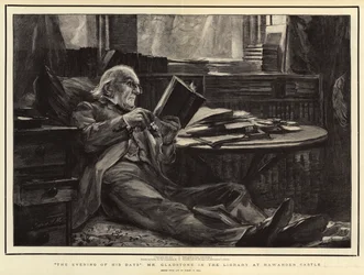 A noite de seus dias, o Sr. Gladstone na biblioteca no Castelo de Hawarden