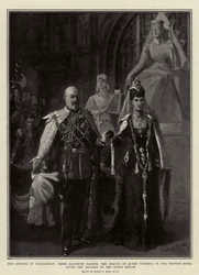 A Abertura do Parlamento, Suas Majestades passando a Estátua da Rainha Vitória na Sala do Príncipe, após a Leitura do Discurso do Rei