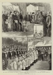 O Príncipe e Princesa de Gales, na Dinamarca, que estabelece a pedra fundamental da nova igreja inglesa em Copenhague