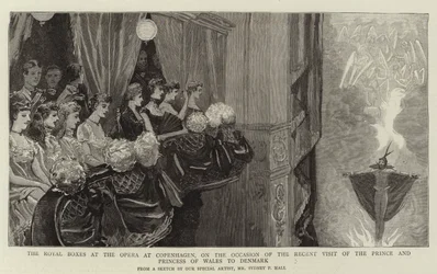 The Royal Boxes na Ópera de Copenhague, por ocasião da recente visita do Príncipe e Princesa de Gales à Dinamarca