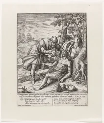 O Bom Samaritano cuida das feridas do viajante roubado Parábola do Bom Samaritano (título da série)
