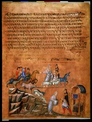 Página inteira: texto e miniatura: Abraão e Bera de Sodoma (miniatura sobre pergaminho)