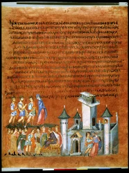 Página inteira: texto e miniatura: Isaac e Rebeca com o rei filisteu Abimeleque em Gerar (miniatura)