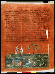 Página inteira: texto e miniatura: Jacob e Labão dividindo os rebanhos (miniatura)