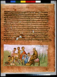Página inteira: texto e miniatura: Jacob entrega Benjamim a Judá e envia presentes (miniatura)