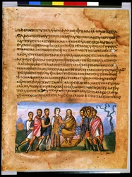 Página inteira: texto e miniatura: Jacob ordena aos seus filhos que o enterrem em Canaã (miniatura)