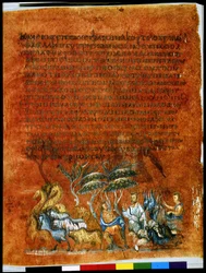 Página inteira: texto e miniatura: Jacob envia um rebanho a Esaú como presente (miniatura)