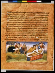 Página inteira: texto e miniatura: morte, lamentação e enterro de Jacob (miniatura)