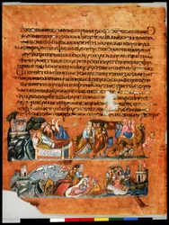 Página inteira: texto e miniatura: morte de Débora (miniatura)