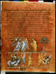 Página inteira: texto e miniatura: dois anjos mensageiros relatam a aproximação de Esaú a Jacob (miniatura)