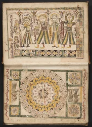 MS Hunter 40 f.2r, frontispício representando Ahiqar, Platão, Galeno e Aristóteles, e página oposta, de "The arrangement of bodies for treatment" de Ibn Jazla (caneta e tinta e aguarela sobre papel)