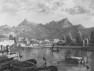 Port Louis, Maurícia, do lado oriental do porto, c.1830 (litografia)
