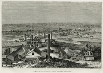 Vista geral das minas de Sandhurst, gravada após um desenho de Taylor, para ilustrar a história seis meses na Austrália, por Desire Charnay, missão do Ministério da Educação Pública, em 1878, publicada no tour du monde, sob a direção