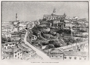 Vista geral de Siena (Itália). Gravura de Taylor para ilustrar a história "A travers la Tuscane" de Eugene Muntz (1845-1902), em Le tour du Monde 1892, dirigido por Edouard Charton (1807-1891), Hachette, Paris.