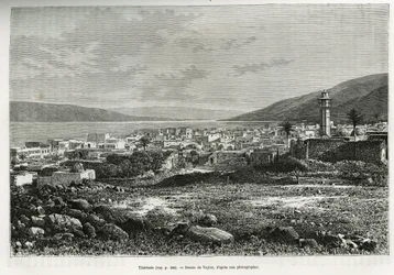 Vista geral de Tiberiade (Israel). Gravura de Taylor, para ilustrar a história da Síria de hoje, de M. Lortet, reitor da Faculdade de Medicina de Lyon, encarregado de uma missão científica pelo Ministério da Educação Pública, publicada no Tour du monde,