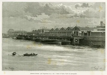 Cervejaria Guinness, doca de exportação. Gravura de Taylor, para ilustrar a história Trois mois en Irlande, em 1889, de Marie Anne de Bovet, no tour du monde 1890, dirigido por Edouard Charton (1807-1890), Hachette, Paris.