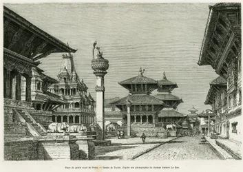 Lugar do Palácio Real de Patan (Presente Lalitpur). Gravura de Taylor para ilustrar a história Voyage au Nepal, do Dr. Gustave Le Bon (1841-1931), em le tour du monde 1886, dirigido por Edouard Charton (1807-1890), Hachette, Paris.